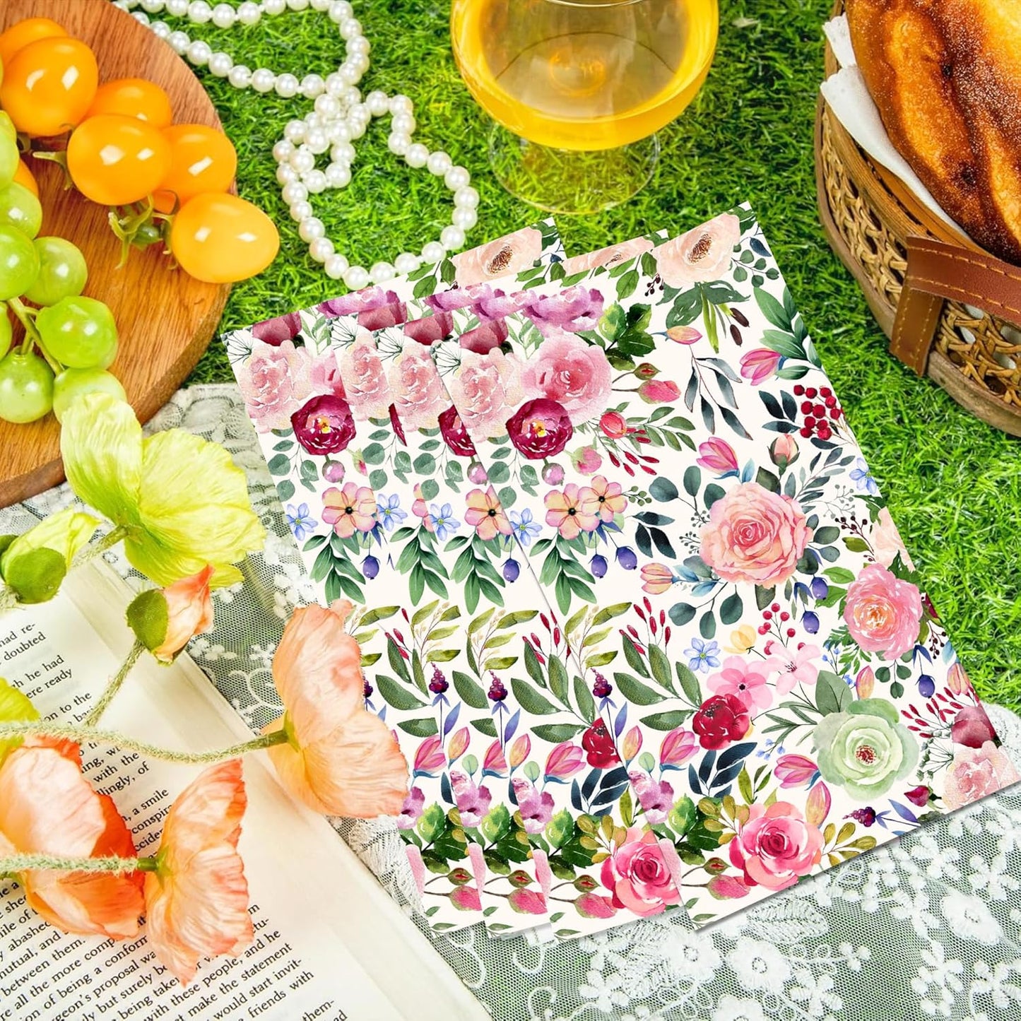 Floral Paper Napkins, 80PCS Watercolor Flower Guest Paper Napkins Disposable, Pink Roses Dinner Hand Napkin for Wedding, Theme Party,Birthday,Bridal Showers,Baby Showers,Kitchen & Bathroom 4.5x8 Inch