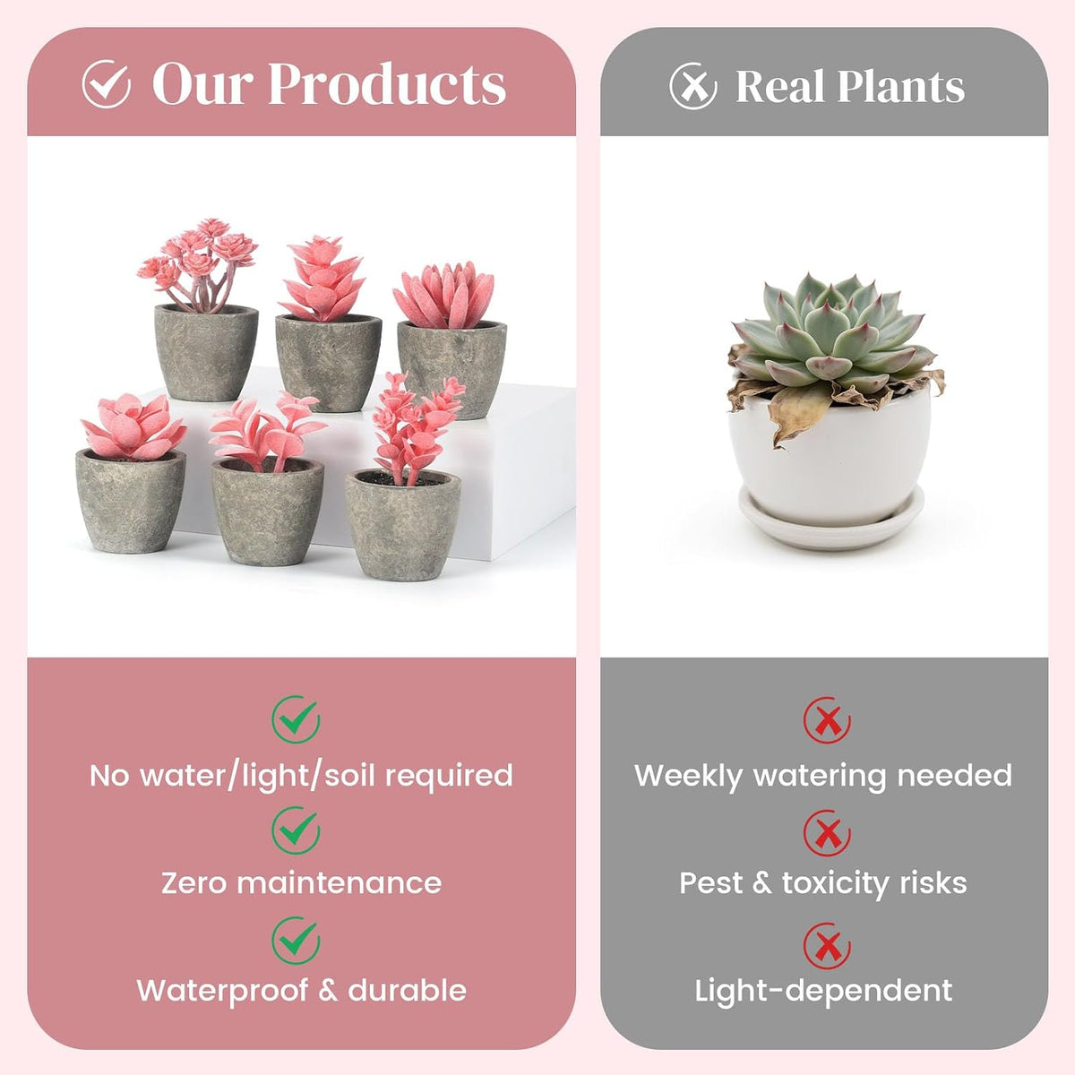 Set of 6 Artificial Pink Succulent Plants Potted