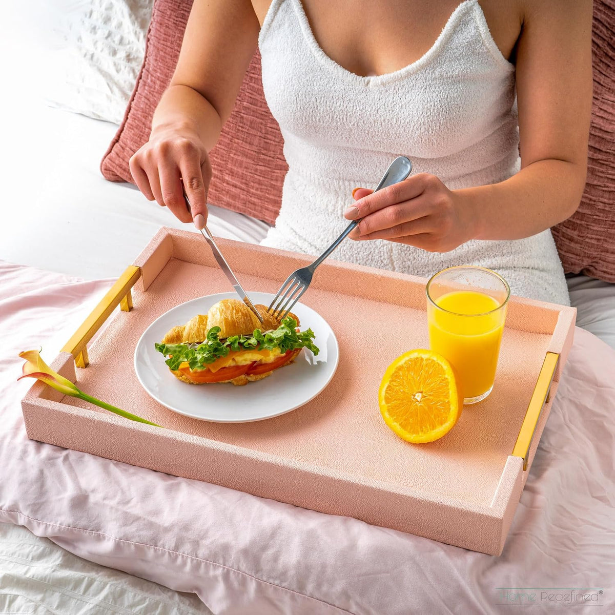 Modern Elegant 17.5"x12" Rectangle Baby Pink Tray Glossy Shagreen Faux Leather Decorative Ottoman Coffee Table Perfume Dresser Kitchen Serving Tray with Gold Polished Metal Handles.