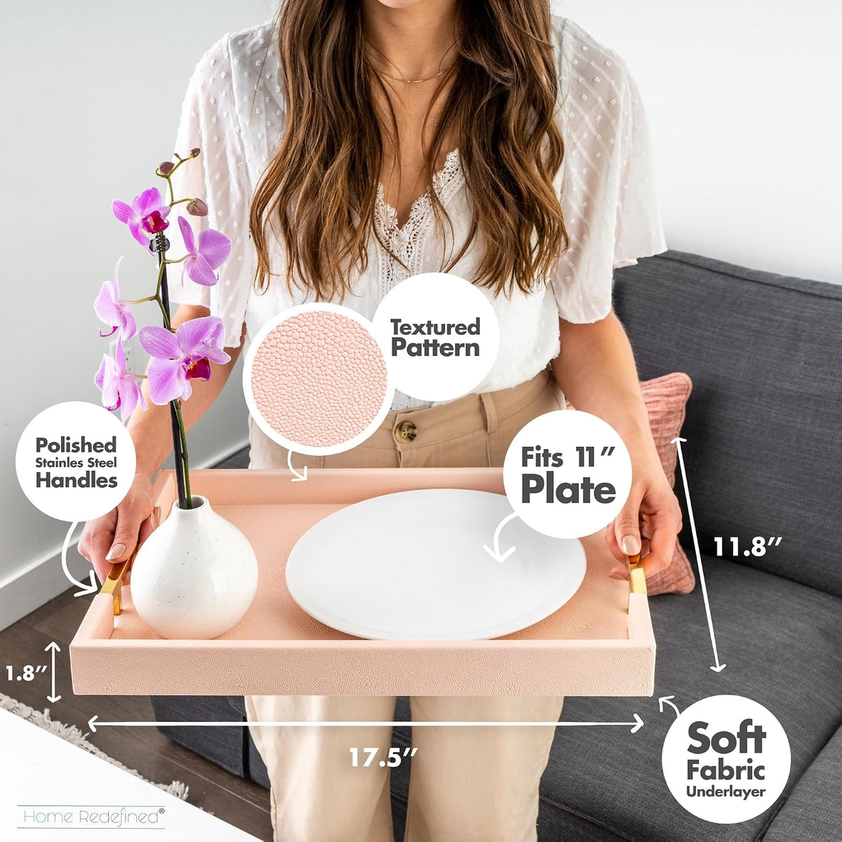 Modern Elegant 17.5"x12" Rectangle Baby Pink Tray Glossy Shagreen Faux Leather Decorative Ottoman Coffee Table Perfume Dresser Kitchen Serving Tray with Gold Polished Metal Handles.