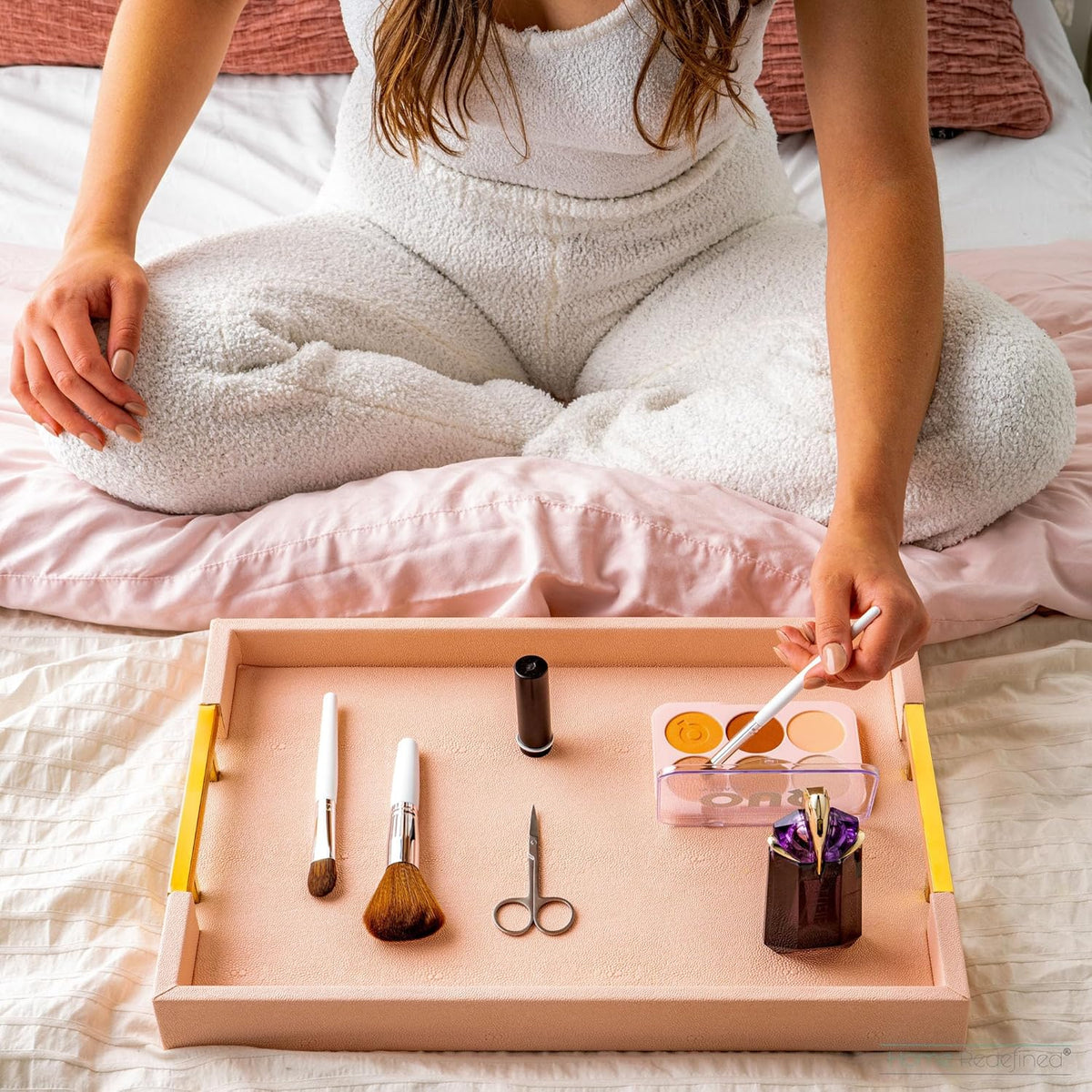 Modern Elegant 17.5"x12" Rectangle Baby Pink Tray Glossy Shagreen Faux Leather Decorative Ottoman Coffee Table Perfume Dresser Kitchen Serving Tray with Gold Polished Metal Handles.