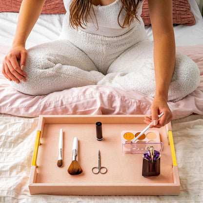 Modern Elegant 17.5"x12" Rectangle Baby Pink Tray Glossy Shagreen Faux Leather Decorative Ottoman Coffee Table Perfume Dresser Kitchen Serving Tray with Gold Polished Metal Handles.