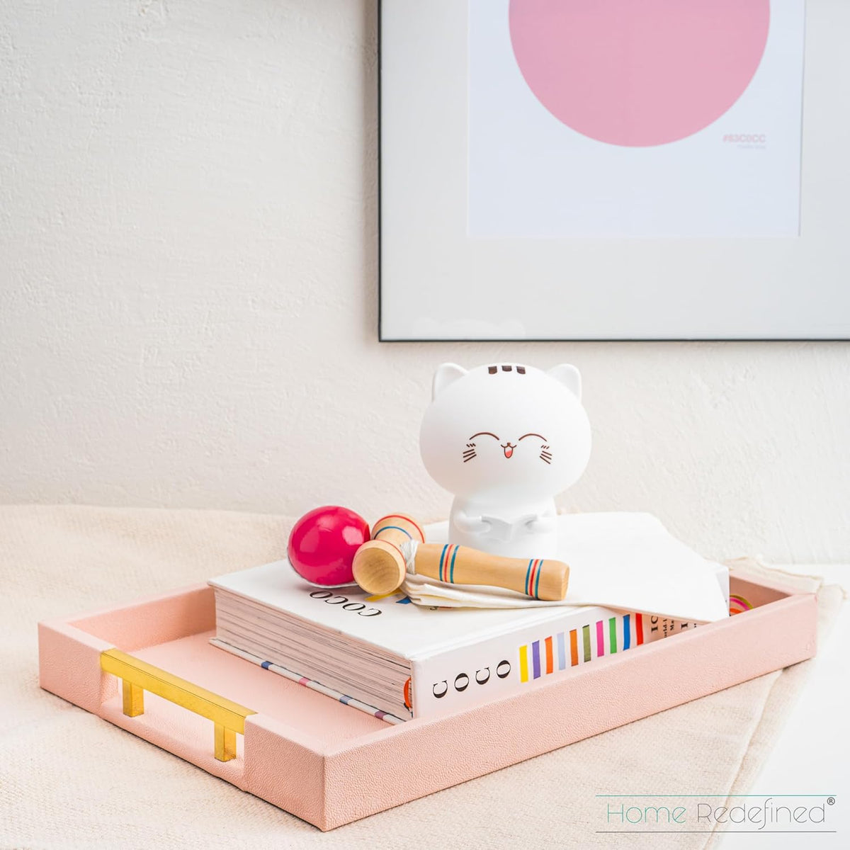 Modern Elegant 17.5"x12" Rectangle Baby Pink Tray Glossy Shagreen Faux Leather Decorative Ottoman Coffee Table Perfume Dresser Kitchen Serving Tray with Gold Polished Metal Handles.