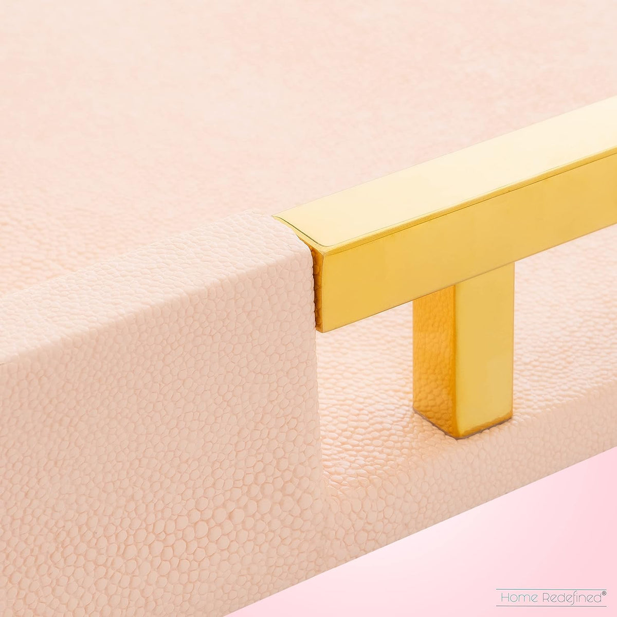 Modern Elegant 17.5"x12" Rectangle Baby Pink Tray Glossy Shagreen Faux Leather Decorative Ottoman Coffee Table Perfume Dresser Kitchen Serving Tray with Gold Polished Metal Handles.