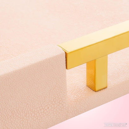 Modern Elegant 17.5"x12" Rectangle Baby Pink Tray Glossy Shagreen Faux Leather Decorative Ottoman Coffee Table Perfume Dresser Kitchen Serving Tray with Gold Polished Metal Handles.