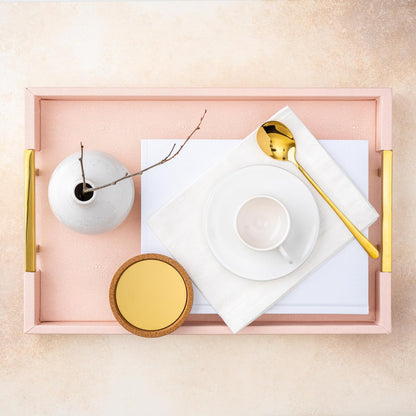 Modern Elegant 17.5"x12" Rectangle Baby Pink Tray Glossy Shagreen Faux Leather Decorative Ottoman Coffee Table Perfume Dresser Kitchen Serving Tray with Gold Polished Metal Handles.
