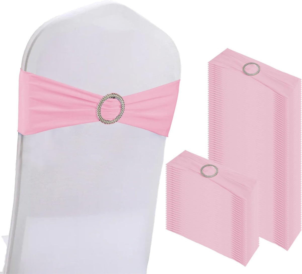 100PCS Spandex Stretch Chair Sashes Bows Elastic Chair Cover Bands Ties with Buckle Slider for Wedding Party Reception Events Universal Ceremony Banquet Decorations(Pink)