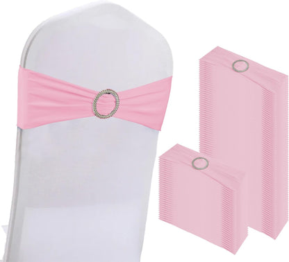 100PCS Spandex Stretch Chair Sashes Bows Elastic Chair Cover Bands Ties with Buckle Slider for Wedding Party Reception Events Universal Ceremony Banquet Decorations(Pink)
