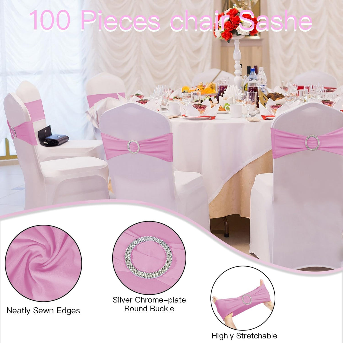 100PCS Spandex Stretch Chair Sashes Bows Elastic Chair Cover Bands Ties with Buckle Slider for Wedding Party Reception Events Universal Ceremony Banquet Decorations(Pink)