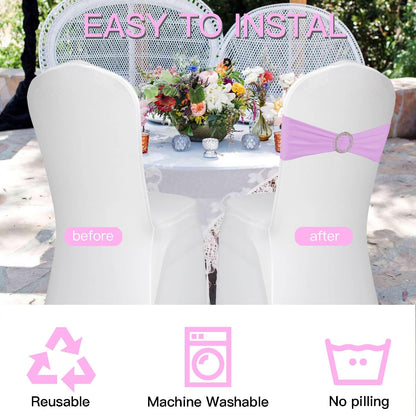100PCS Spandex Stretch Chair Sashes Bows Elastic Chair Cover Bands Ties with Buckle Slider for Wedding Party Reception Events Universal Ceremony Banquet Decorations(Pink)