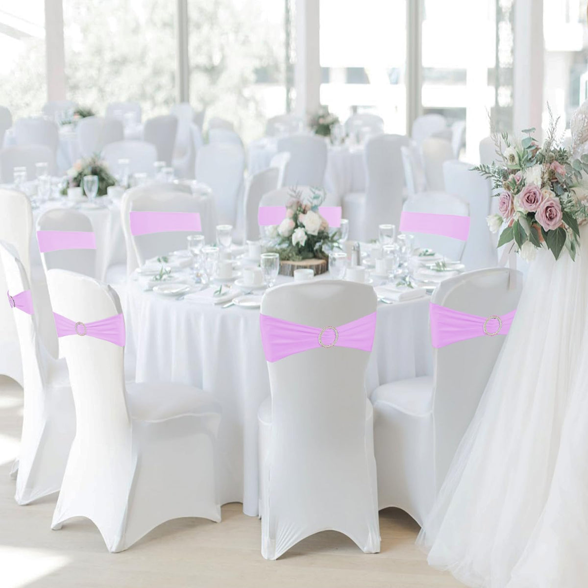 100PCS Spandex Stretch Chair Sashes Bows Elastic Chair Cover Bands Ties with Buckle Slider for Wedding Party Reception Events Universal Ceremony Banquet Decorations(Pink)
