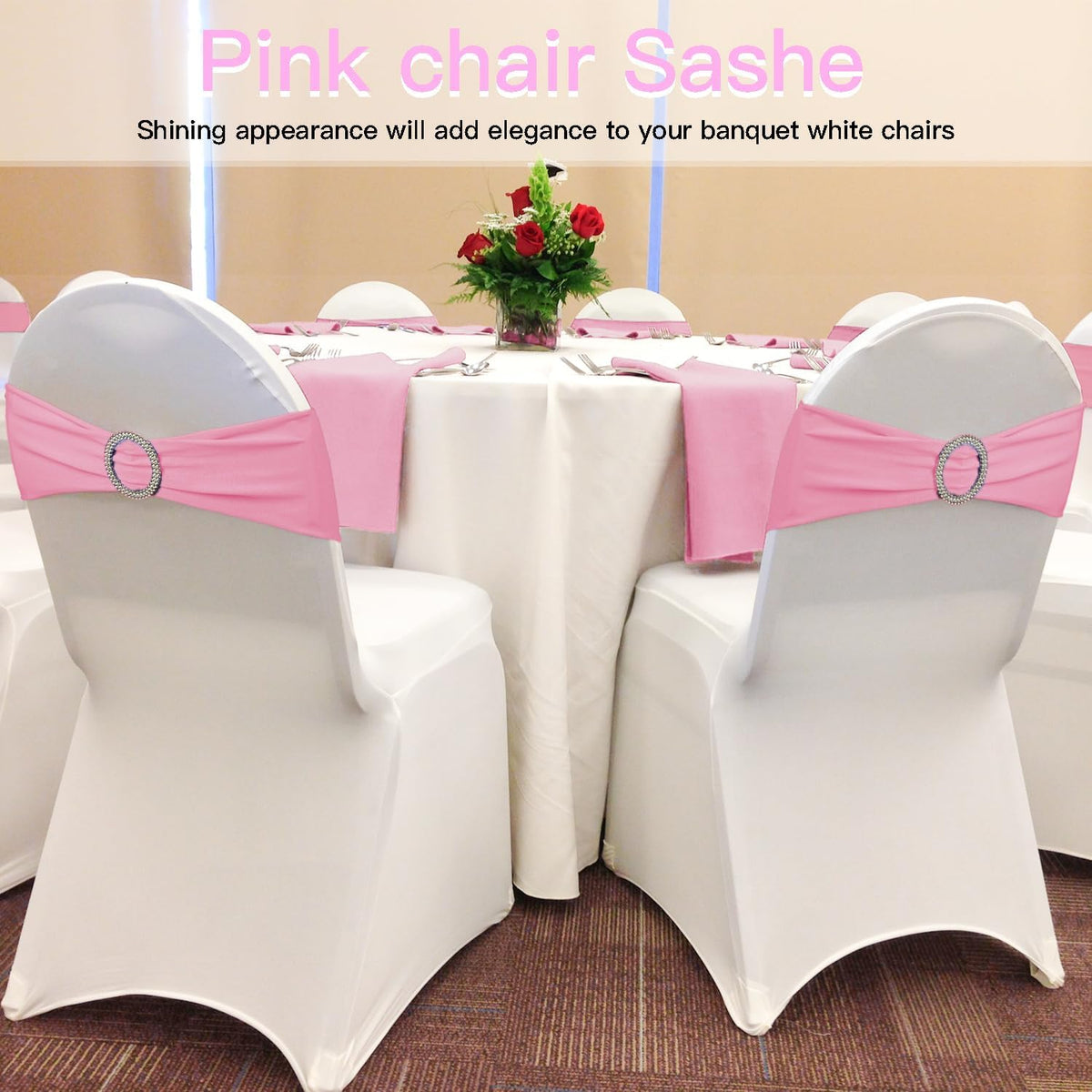 100PCS Spandex Stretch Chair Sashes Bows Elastic Chair Cover Bands Ties with Buckle Slider for Wedding Party Reception Events Universal Ceremony Banquet Decorations(Pink)