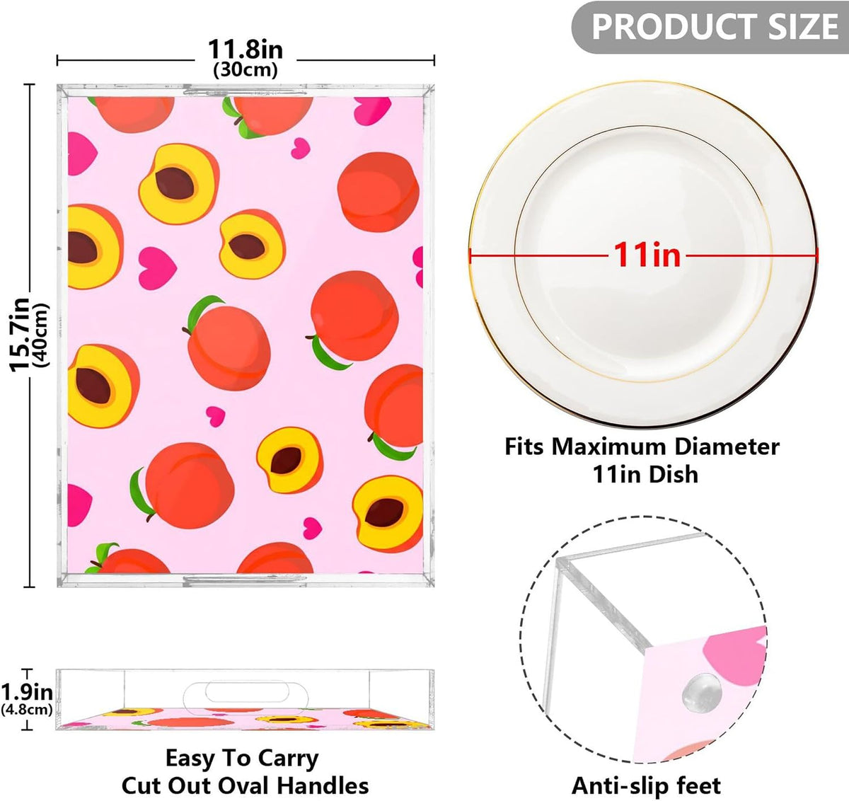 Peaches Serving Tray, 15.7x11.8 Inches Decorative Acrylic Tray with Handles for Breakfast, Coffee Table, Bathroom Organizer, Storage Tray