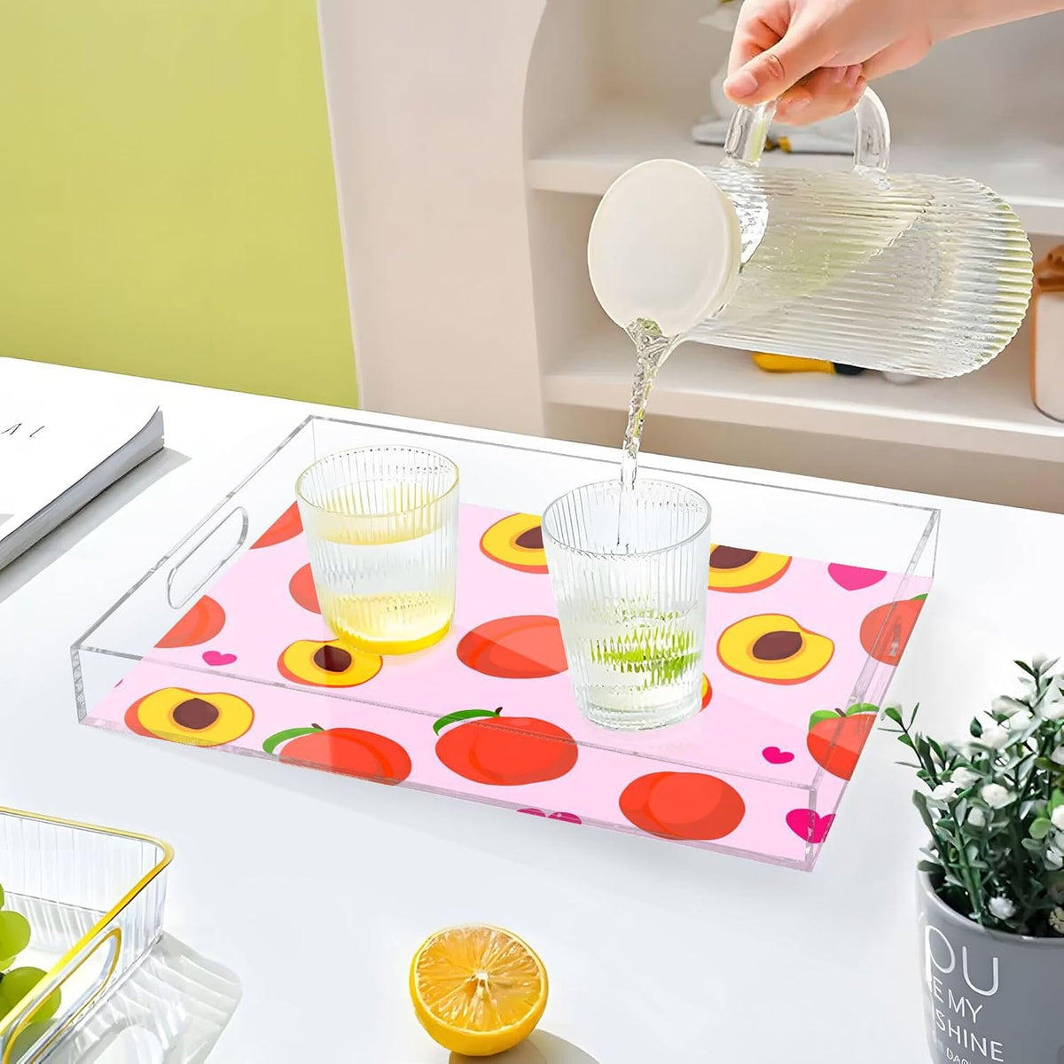 Peaches Serving Tray, 15.7x11.8 Inches Decorative Acrylic Tray with Handles for Breakfast, Coffee Table, Bathroom Organizer, Storage Tray