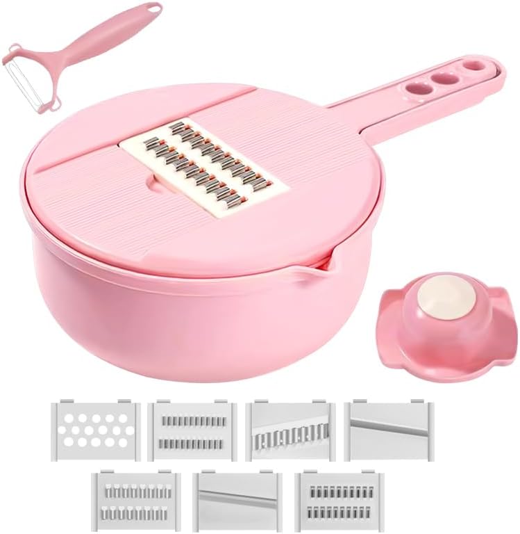 Mandoline Vegetable Slicer Set with 6 Interchangeable Blades, Grater and Peeler, Pink and Blue (Pink)