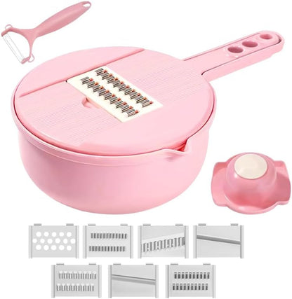 Mandoline Vegetable Slicer Set with 6 Interchangeable Blades, Grater and Peeler, Pink and Blue (Pink)