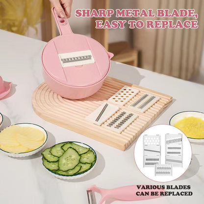 Mandoline Vegetable Slicer Set with 6 Interchangeable Blades, Grater and Peeler, Pink and Blue (Pink)
