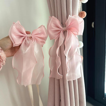 2 Pack French Silky Bow Curtain Tiebacks, Elegant Lace Ribbon for Curtains Decorative Rope Accessories Home Décor (Pink,2)