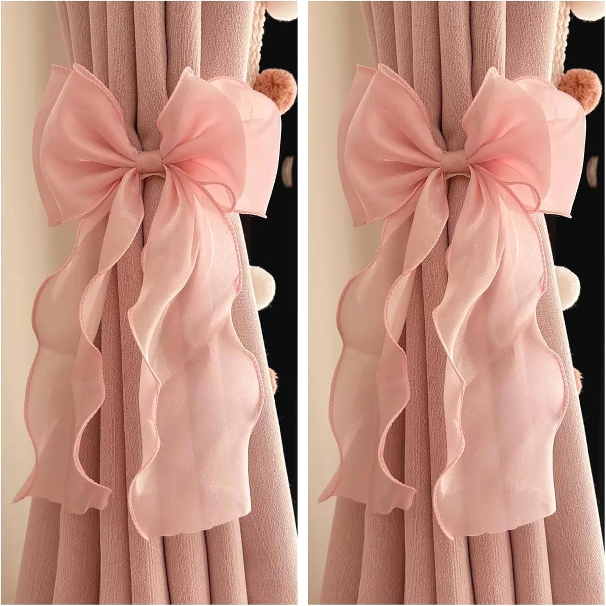2 Pack French Silky Bow Curtain Tiebacks, Elegant Lace Ribbon for Curtains Decorative Rope Accessories Home Décor (Pink,2)
