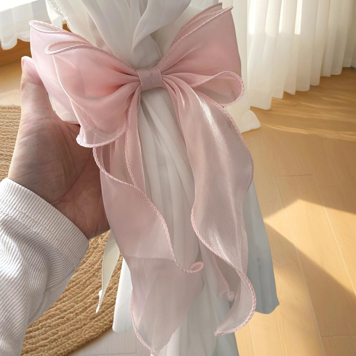 2 Pack French Silky Bow Curtain Tiebacks, Elegant Lace Ribbon for Curtains Decorative Rope Accessories Home Décor (Pink,2)
