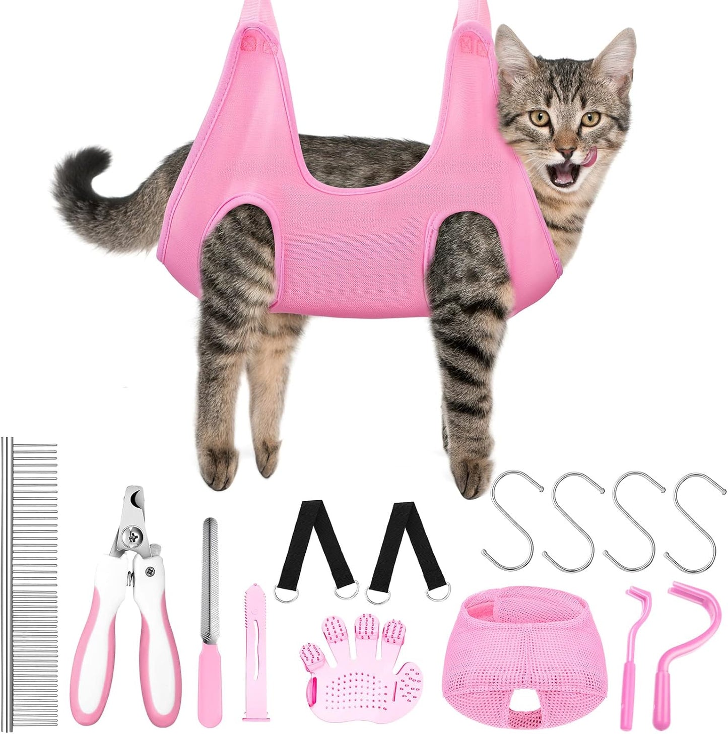 14 in 1 Pet Grooming Hammock for Dogs Cats, Dog Grooming Sling, Cat Nail Trimming Kit, Restraint Bag with Clipper File for Nail Trimming Ear Cleaning Bathing Small Pets(Pink)