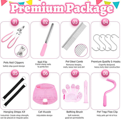 14 in 1 Pet Grooming Hammock for Dogs Cats, Dog Grooming Sling, Cat Nail Trimming Kit, Restraint Bag with Clipper File for Nail Trimming Ear Cleaning Bathing Small Pets(Pink)