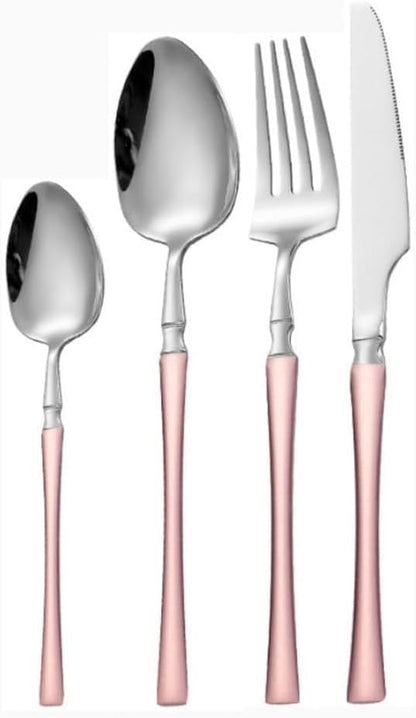 Small Waist Handle Kitchen Stainless Steel Silverware Tableware Flatware Cutlery Knives Forks Spoons Set Home Steak Knife Dessert Spoon (Pink Silver,4 pieces)