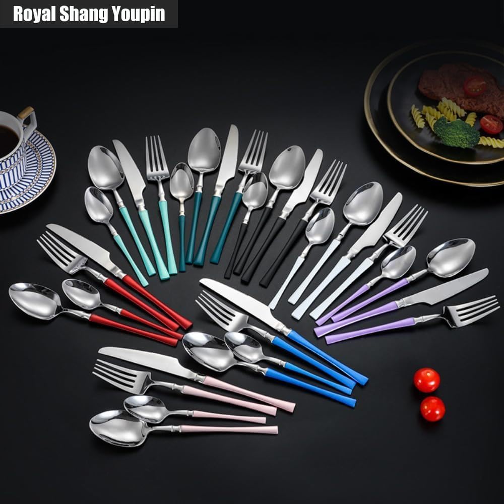 Small Waist Handle Kitchen Stainless Steel Silverware Tableware Flatware Cutlery Knives Forks Spoons Set Home Steak Knife Dessert Spoon (Pink Silver,4 pieces)
