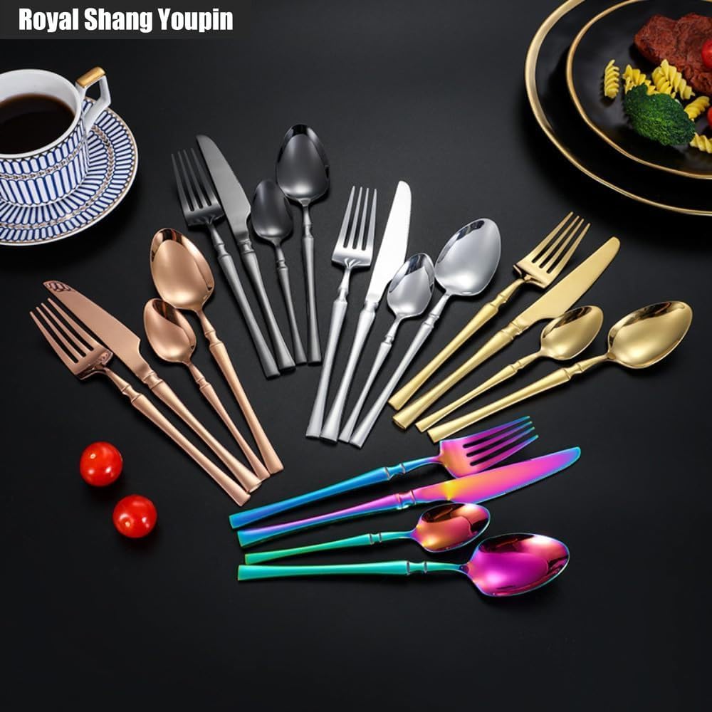 Small Waist Handle Kitchen Stainless Steel Silverware Tableware Flatware Cutlery Knives Forks Spoons Set Home Steak Knife Dessert Spoon (Pink Silver,4 pieces)