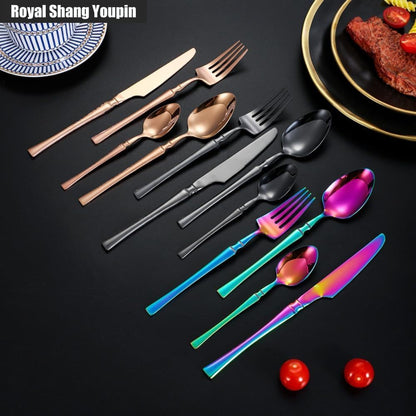 Small Waist Handle Kitchen Stainless Steel Silverware Tableware Flatware Cutlery Knives Forks Spoons Set Home Steak Knife Dessert Spoon (Pink Silver,4 pieces)