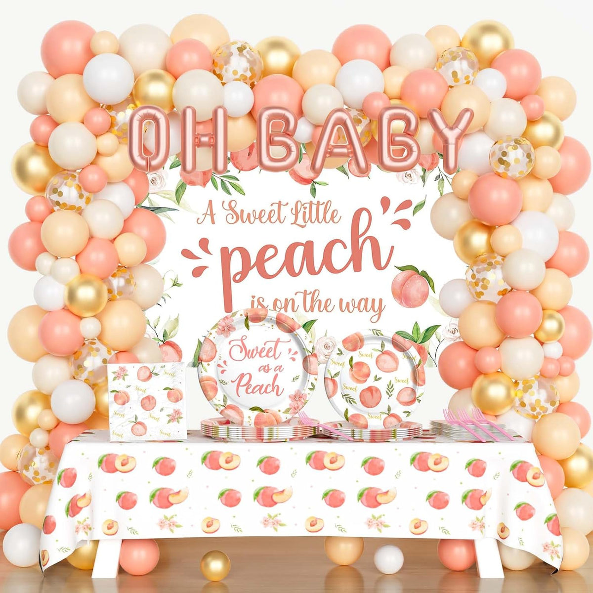 Peach Baby Shower Decorations, A Sweet Little Peach Is on The Way Party Supplies, Peach Themed Backdrop Balloon Tablecloth Tableware with Plates Napkins Forks for Sweet as a Peach Girls
