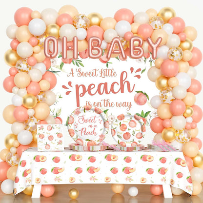 Peach Baby Shower Decorations, A Sweet Little Peach Is on The Way Party Supplies, Peach Themed Backdrop Balloon Tablecloth Tableware with Plates Napkins Forks for Sweet as a Peach Girls