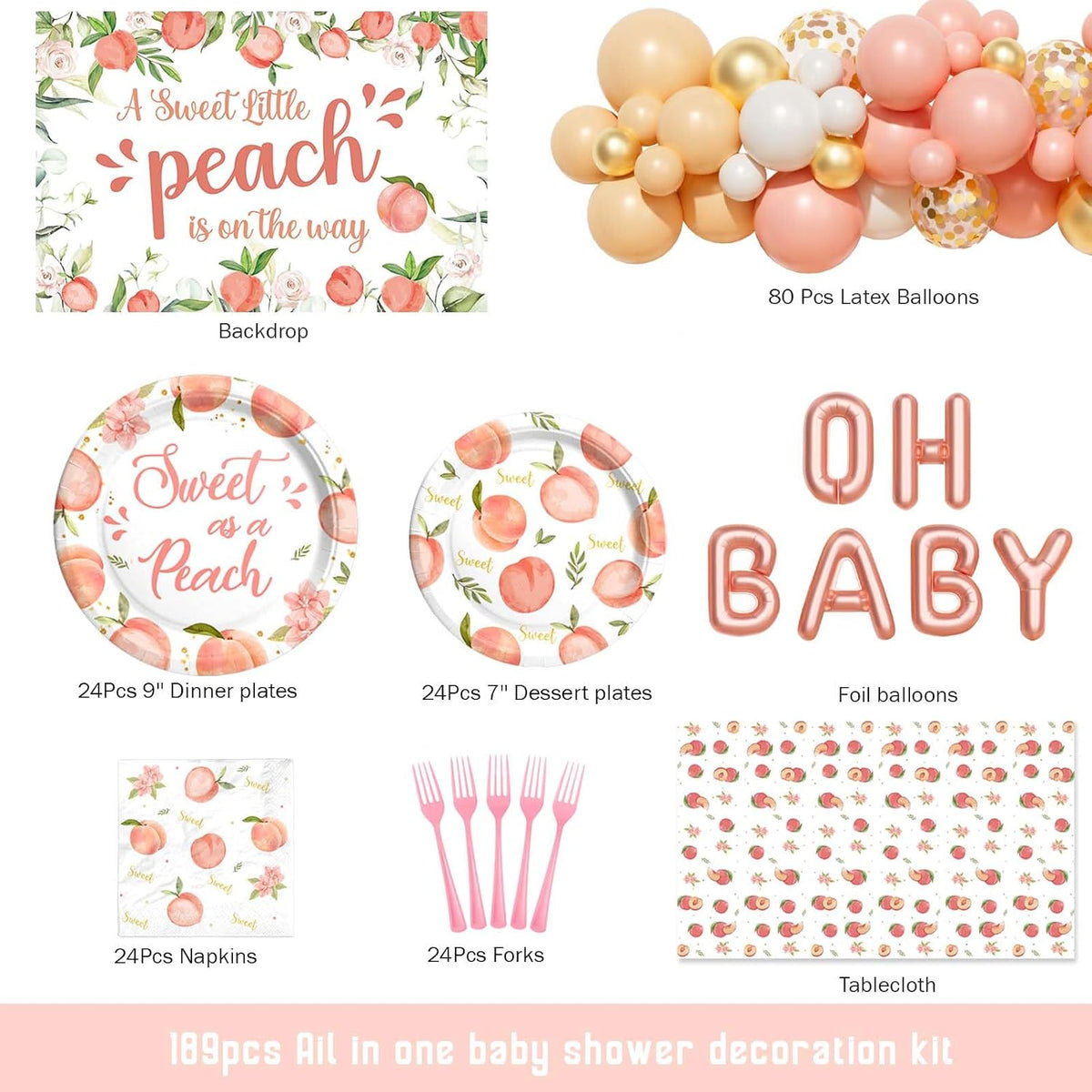 Peach Baby Shower Decorations, A Sweet Little Peach Is on The Way Party Supplies, Peach Themed Backdrop Balloon Tablecloth Tableware with Plates Napkins Forks for Sweet as a Peach Girls