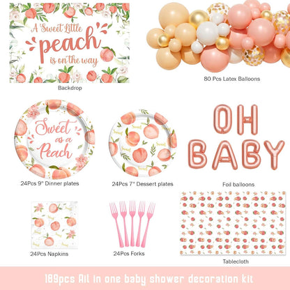 Peach Baby Shower Decorations, A Sweet Little Peach Is on The Way Party Supplies, Peach Themed Backdrop Balloon Tablecloth Tableware with Plates Napkins Forks for Sweet as a Peach Girls