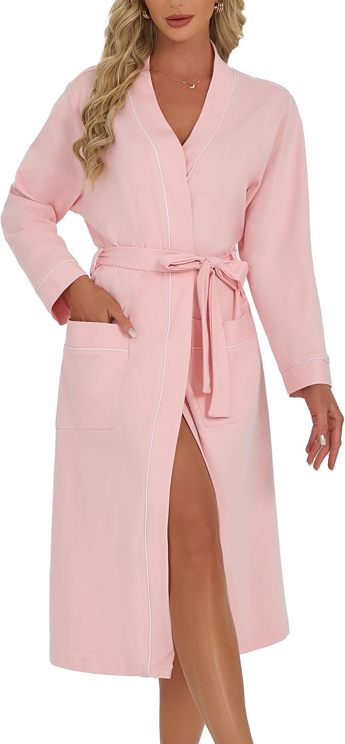 Womens Organic Cotton Robe, Soft Lightweight Long Kimono Bathrobe