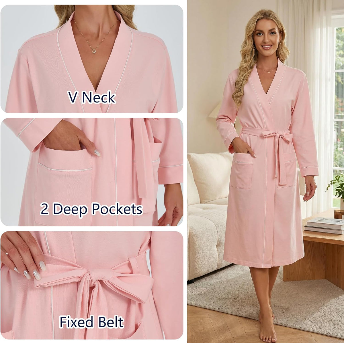 Womens Organic Cotton Robe, Soft Lightweight Long Kimono Bathrobe