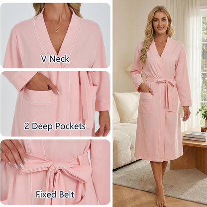 Womens Organic Cotton Robe, Soft Lightweight Long Kimono Bathrobe