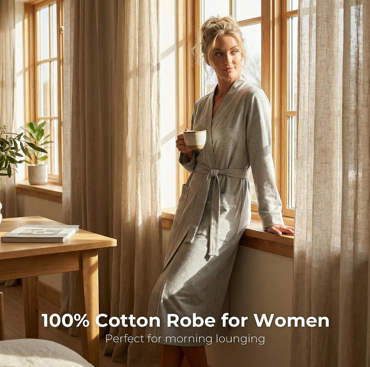 Womens Organic Cotton Robe, Soft Lightweight Long Kimono Bathrobe