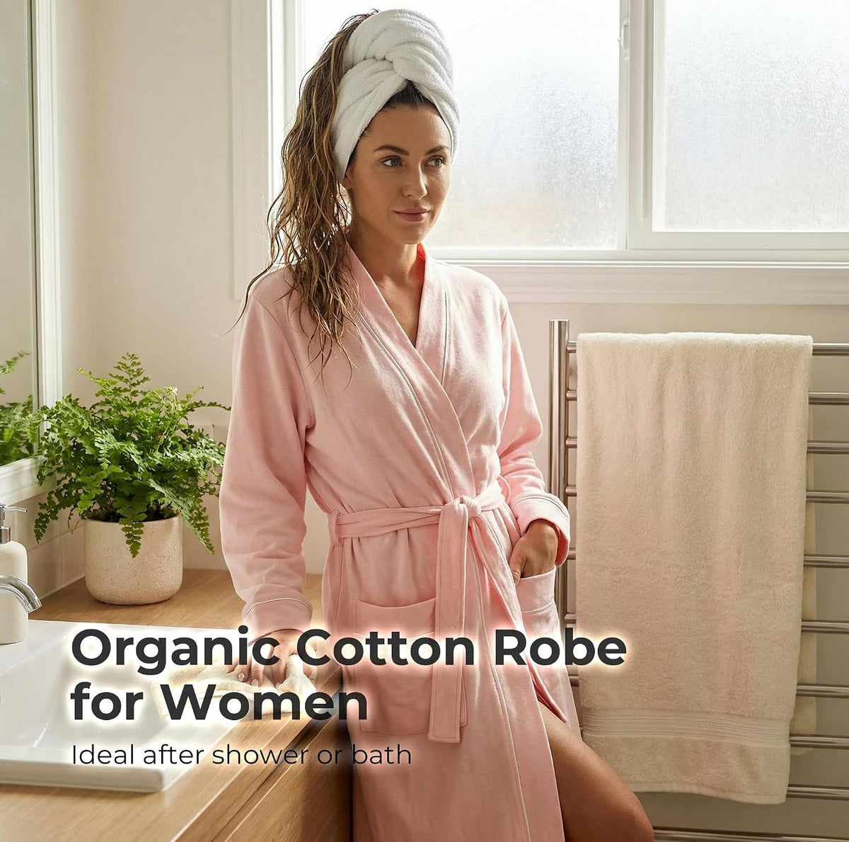 Womens Organic Cotton Robe, Soft Lightweight Long Kimono Bathrobe