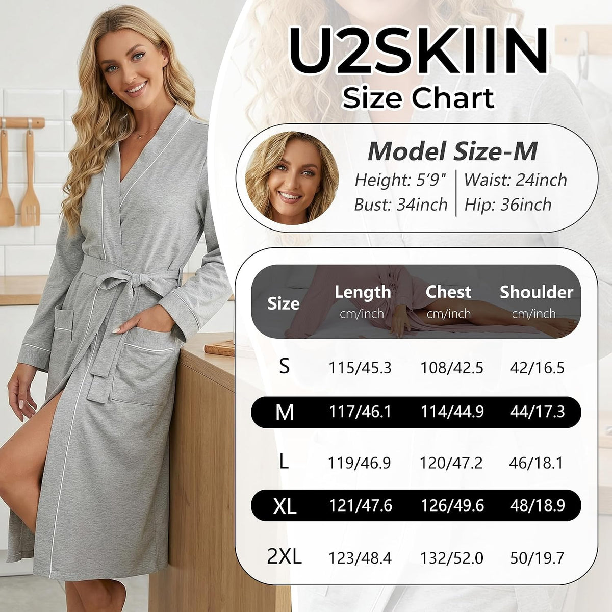 Womens Organic Cotton Robe, Soft Lightweight Long Kimono Bathrobe