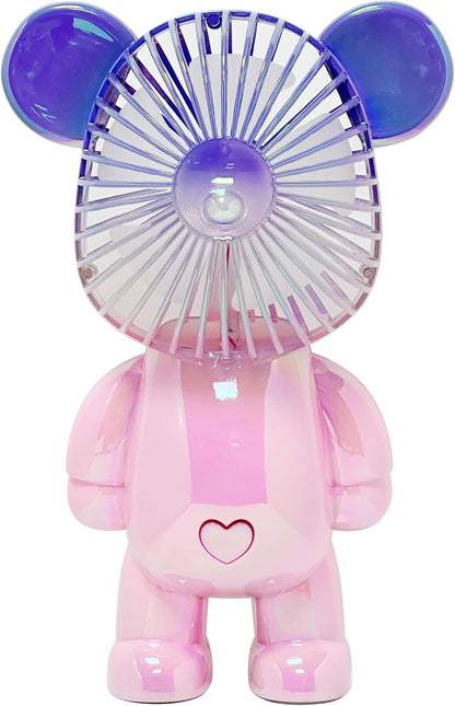 Rechargeable Bear Fan with 3 Speeds, 11 inches Tall, Jelly Pink, LED Light, USB Charging Port (Jelly Pink)