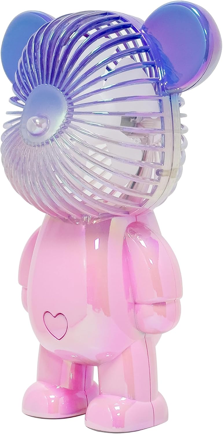 Rechargeable Bear Fan with 3 Speeds, 11 inches Tall, Jelly Pink, LED Light, USB Charging Port (Jelly Pink)