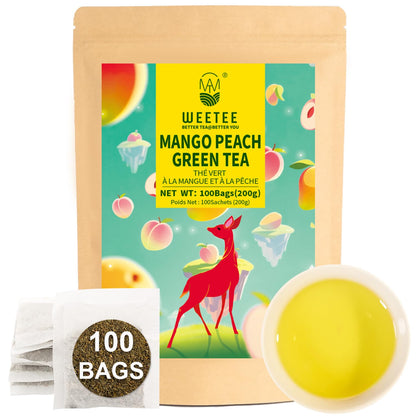 Mango Peach Green Tea Bags 100ct, Caffeinated Fruity Flavored Tea