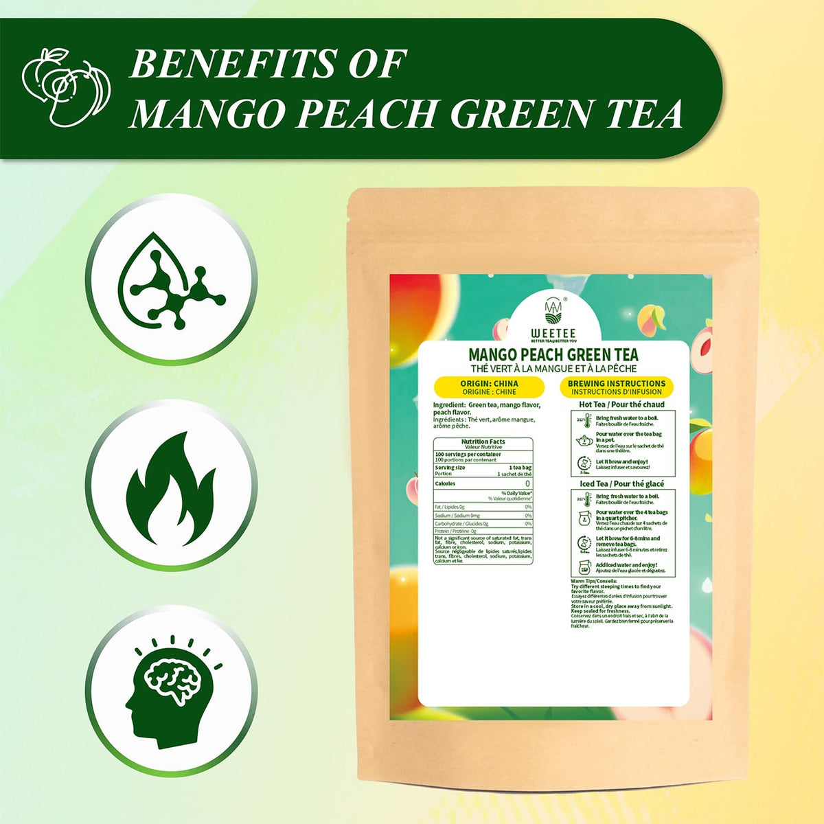 Mango Peach Green Tea Bags 100ct, Caffeinated Fruity Flavored Tea
