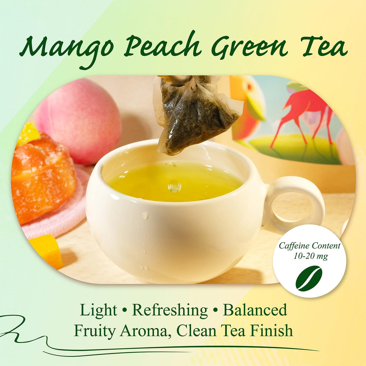 Mango Peach Green Tea Bags 100ct, Caffeinated Fruity Flavored Tea