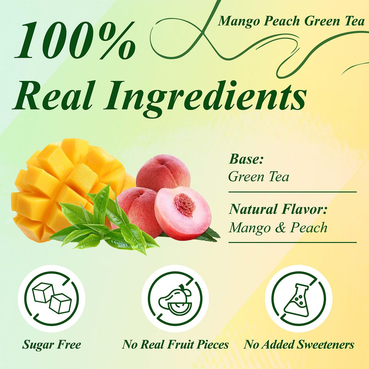 Mango Peach Green Tea Bags 100ct, Caffeinated Fruity Flavored Tea