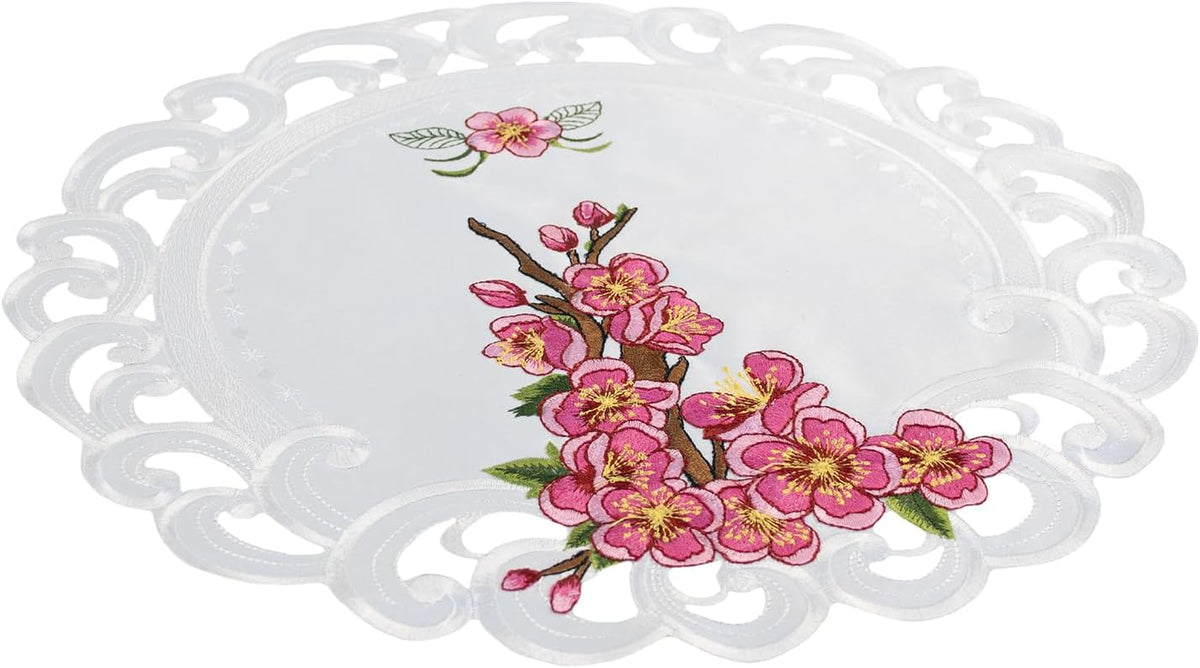 Doily Pink Cherry Blossom Round White Table Linen with Embroidered Floral Design Decorative Lace Edge Placemat Table Topper (15 Inch Round)
