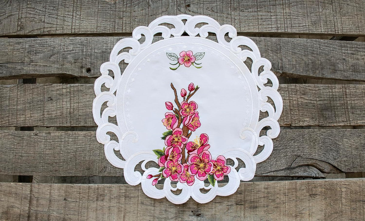 Doily Pink Cherry Blossom Round White Table Linen with Embroidered Floral Design Decorative Lace Edge Placemat Table Topper (15 Inch Round)