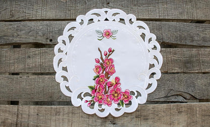 Doily Pink Cherry Blossom Round White Table Linen with Embroidered Floral Design Decorative Lace Edge Placemat Table Topper (15 Inch Round)