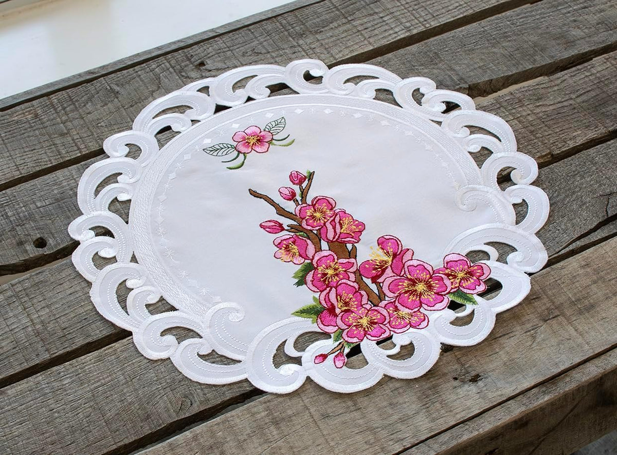Doily Pink Cherry Blossom Round White Table Linen with Embroidered Floral Design Decorative Lace Edge Placemat Table Topper (15 Inch Round)